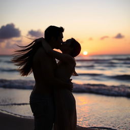 A romantic scene featuring a couple deeply engaged in a passionate kiss, their arms wrapped around each other in a warm embrace
