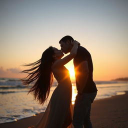 A romantic scene featuring a couple deeply engaged in a passionate kiss, their arms wrapped around each other in a warm embrace