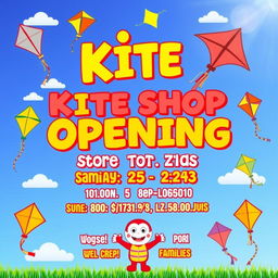 A vibrant and eye-catching invitation for a kite shop opening, featuring a colorful background with various kites soaring in a clear blue sky