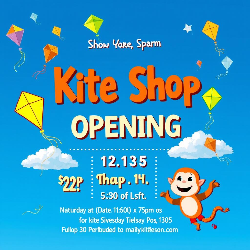 A vibrant and eye-catching invitation for a kite shop opening, featuring a colorful background with various kites soaring in a clear blue sky