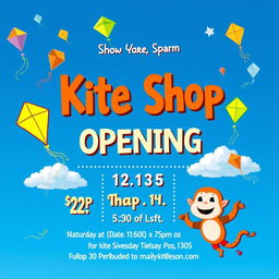 A vibrant and eye-catching invitation for a kite shop opening, featuring a colorful background with various kites soaring in a clear blue sky