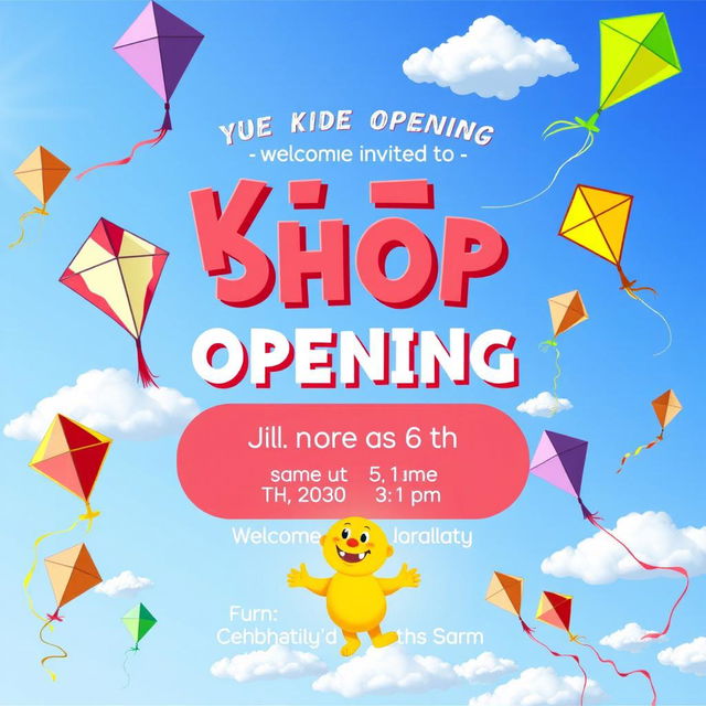 A vibrant and eye-catching invitation for a kite shop opening, featuring a colorful background with various kites soaring in a clear blue sky