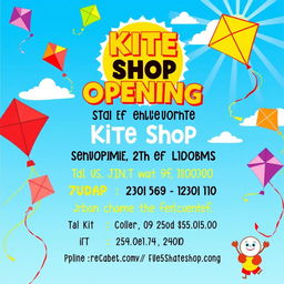 A vibrant and eye-catching invitation for a kite shop opening, featuring a colorful background with various kites soaring in a clear blue sky