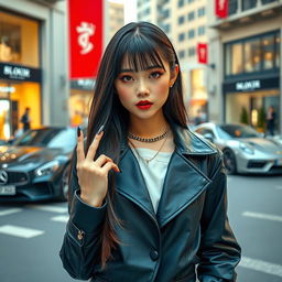 A stylish, wealthy Korean teenage girl with an air of confidence and attitude, dressed in high-fashion designer clothes