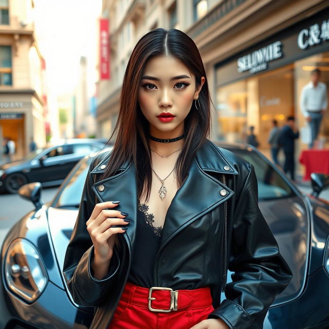 A stylish, wealthy Korean teenage girl with an air of confidence and attitude, dressed in high-fashion designer clothes