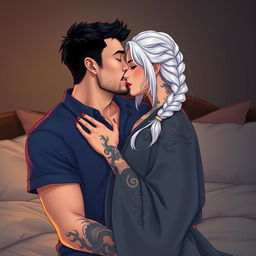 A romantic scene featuring a man in his early thirties with short black hair, wearing a blue shirt, passionately kissing a woman in her early thirties with striking white hair styled in a single braid