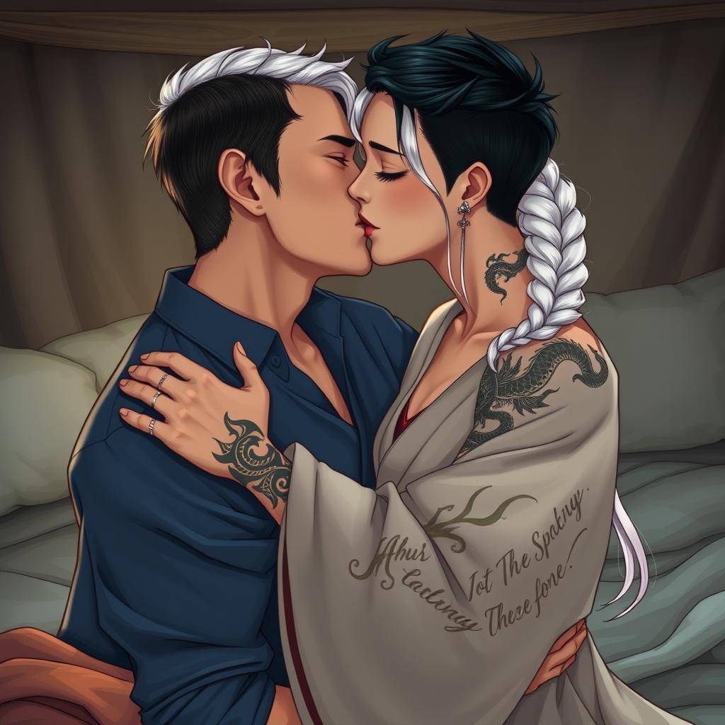 A romantic scene featuring a man in his early thirties with short black hair, wearing a blue shirt, passionately kissing a woman in her early thirties with striking white hair styled in a single braid