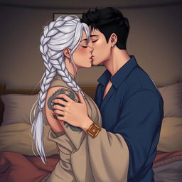 A romantic scene featuring a man in his early thirties with short black hair, wearing a blue shirt, passionately kissing a woman in her early thirties with striking white hair styled in a single braid