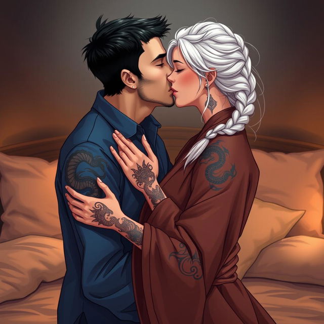 A romantic scene featuring a man in his early thirties with short black hair, wearing a blue shirt, passionately kissing a woman in her early thirties with striking white hair styled in a single braid