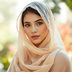 A stunning, attractive woman wearing a beautifully designed, transparent burkha that highlights her figure tastefully and respectfully
