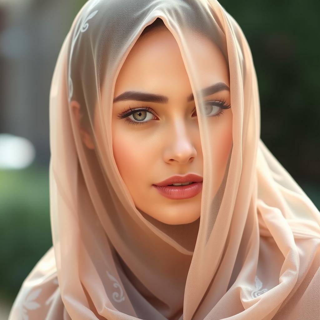A stunning, attractive woman wearing a beautifully designed, transparent burkha that highlights her figure tastefully and respectfully