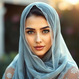A stunning, attractive woman wearing a beautifully designed, transparent burkha that highlights her figure tastefully and respectfully