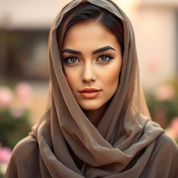 A stunning, attractive woman wearing a beautifully designed, transparent burkha that highlights her figure tastefully and respectfully