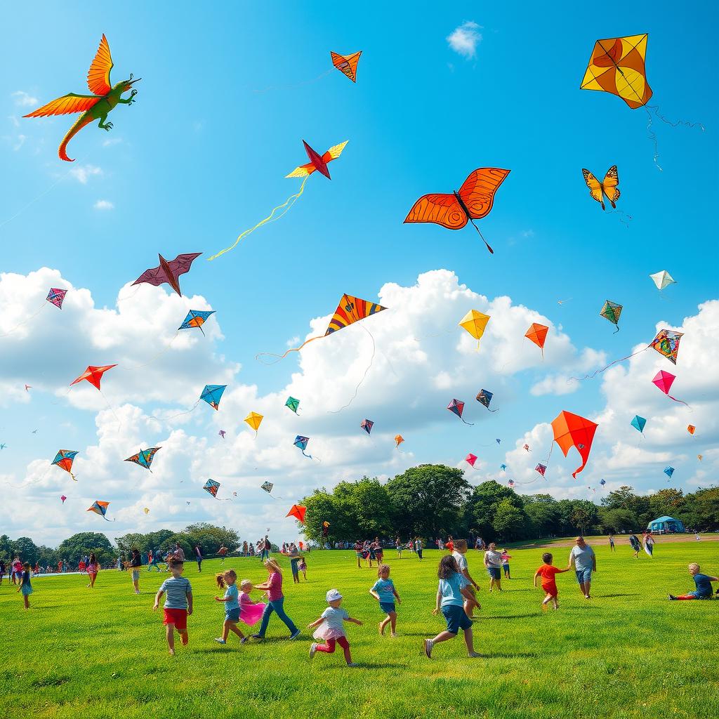 A colorful sky filled with various kites flying high above, showcasing different shapes and sizes such as a dragon, a butterfly, and traditional diamond kites