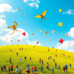 A colorful sky filled with various kites flying high above, showcasing different shapes and sizes such as a dragon, a butterfly, and traditional diamond kites
