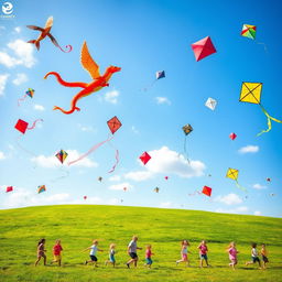 A colorful sky filled with various kites flying high above, showcasing different shapes and sizes such as a dragon, a butterfly, and traditional diamond kites