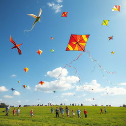 A colorful sky filled with various kites flying high above, showcasing different shapes and sizes such as a dragon, a butterfly, and traditional diamond kites