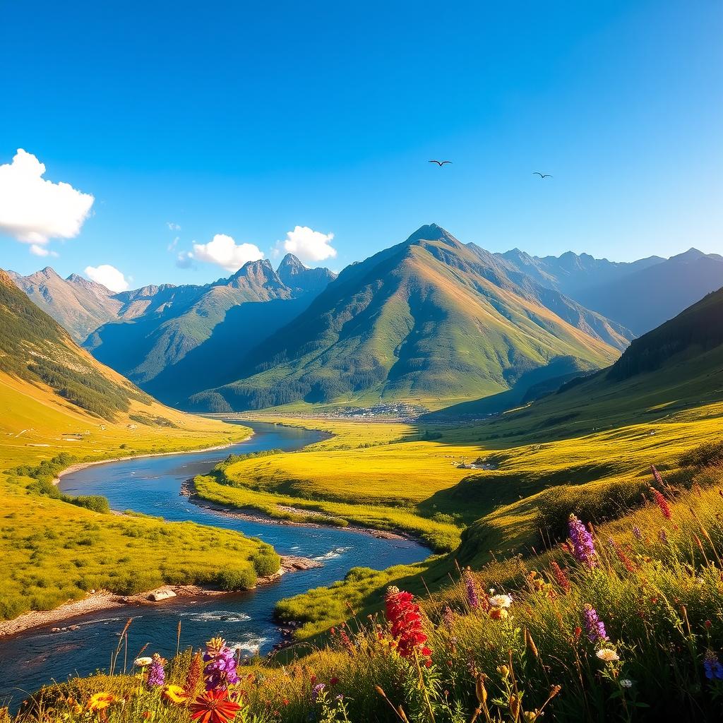 A beautiful landscape featuring a lush green valley surrounded by majestic mountains, under a clear blue sky