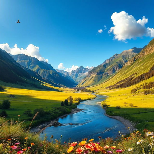 A beautiful landscape featuring a lush green valley surrounded by majestic mountains, under a clear blue sky