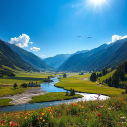 A beautiful landscape featuring a lush green valley surrounded by majestic mountains, under a clear blue sky