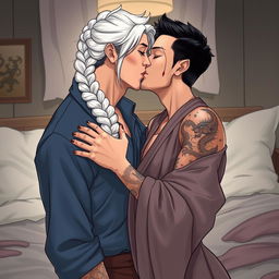 A man in his early thirties with short black hair wearing a blue shirt is passionately kissing a woman in her early thirties