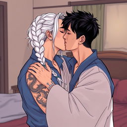 A man in his early thirties with short black hair wearing a blue shirt is passionately kissing a woman in her early thirties