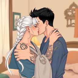 A man in his early thirties with short black hair wearing a blue shirt is passionately kissing a woman in her early thirties