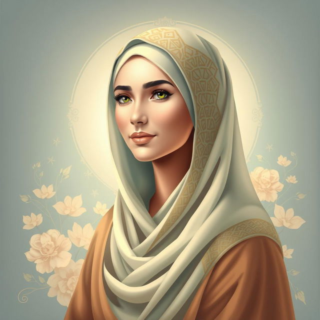 A beautifully stylized portrait of Fatimah Al-Zahra, adorned in a traditional hijab with intricate geometric patterns