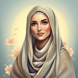 A beautifully stylized portrait of Fatimah Al-Zahra, adorned in a traditional hijab with intricate geometric patterns