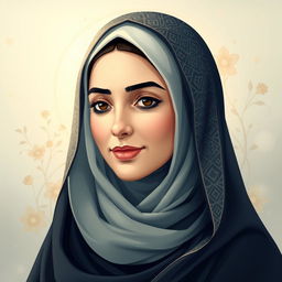 A beautifully stylized portrait of Fatimah Al-Zahra, adorned in a traditional hijab with intricate geometric patterns