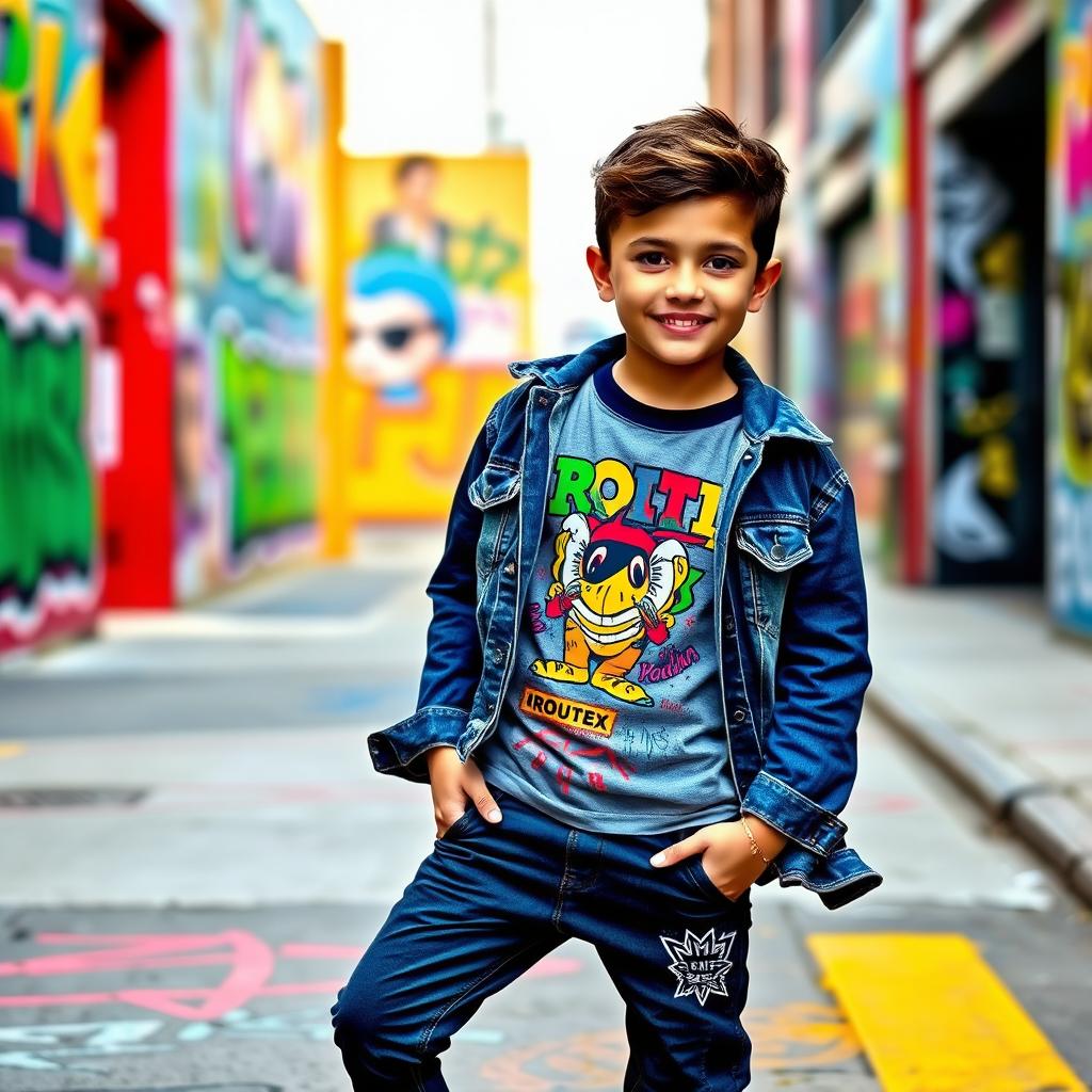 A stylish young boy wearing a trendy outfit consisting of a colorful graphic t-shirt, denim jacket, and fashionable sneakers, standing against a vibrant urban backdrop with street art and graffiti