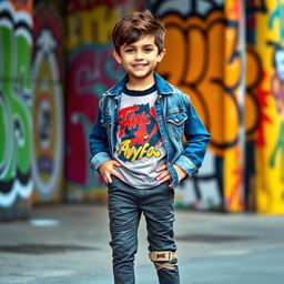 A stylish young boy wearing a trendy outfit consisting of a colorful graphic t-shirt, denim jacket, and fashionable sneakers, standing against a vibrant urban backdrop with street art and graffiti