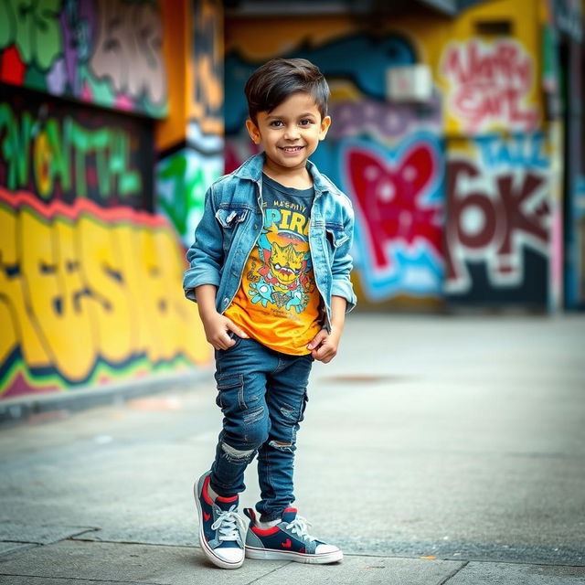 A stylish young boy wearing a trendy outfit consisting of a colorful graphic t-shirt, denim jacket, and fashionable sneakers, standing against a vibrant urban backdrop with street art and graffiti