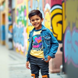 A stylish young boy wearing a trendy outfit consisting of a colorful graphic t-shirt, denim jacket, and fashionable sneakers, standing against a vibrant urban backdrop with street art and graffiti