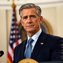 A realistic portrait of a middle-aged male president with strong facial features, wearing a tailored navy suit and a blue tie, standing confidently at a podium with the presidential seal in the background