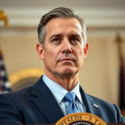 A realistic portrait of a middle-aged male president with strong facial features, wearing a tailored navy suit and a blue tie, standing confidently at a podium with the presidential seal in the background