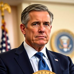 A realistic portrait of a middle-aged male president with strong facial features, wearing a tailored navy suit and a blue tie, standing confidently at a podium with the presidential seal in the background