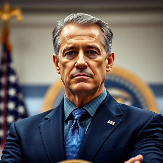 A realistic portrait of a middle-aged male president with strong facial features, wearing a tailored navy suit and a blue tie, standing confidently at a podium with the presidential seal in the background