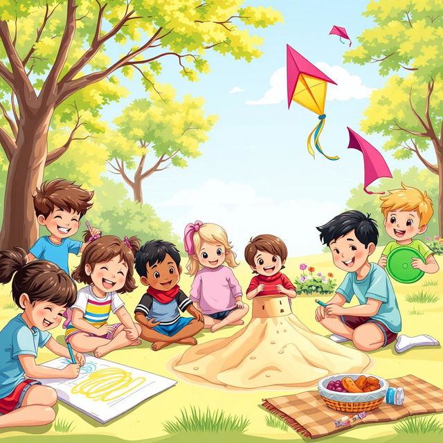 A vibrant and cheerful scene depicting various kids engaged in creative activities at a sunny park