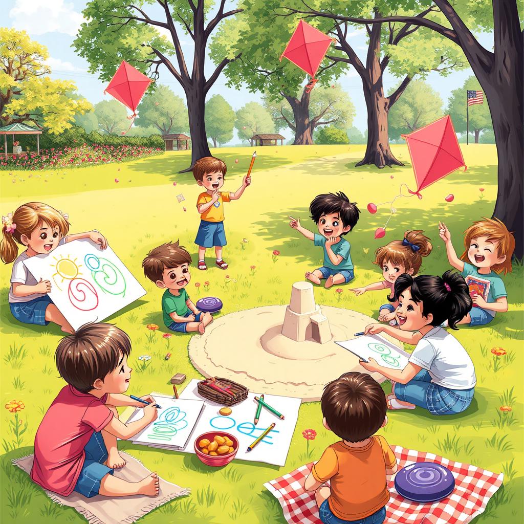 A vibrant and cheerful scene depicting various kids engaged in creative activities at a sunny park