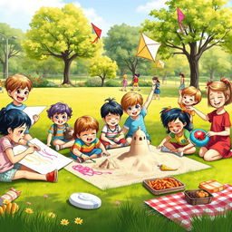 A vibrant and cheerful scene depicting various kids engaged in creative activities at a sunny park