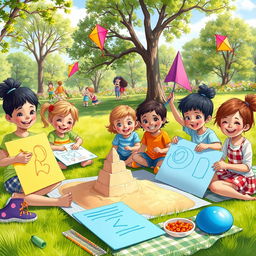 A vibrant and cheerful scene depicting various kids engaged in creative activities at a sunny park