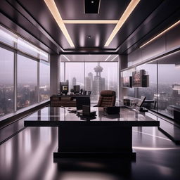 A glass penthouse office in the style of a SWAT commander's office, incorporating elements from the architecture shown in the provided link.