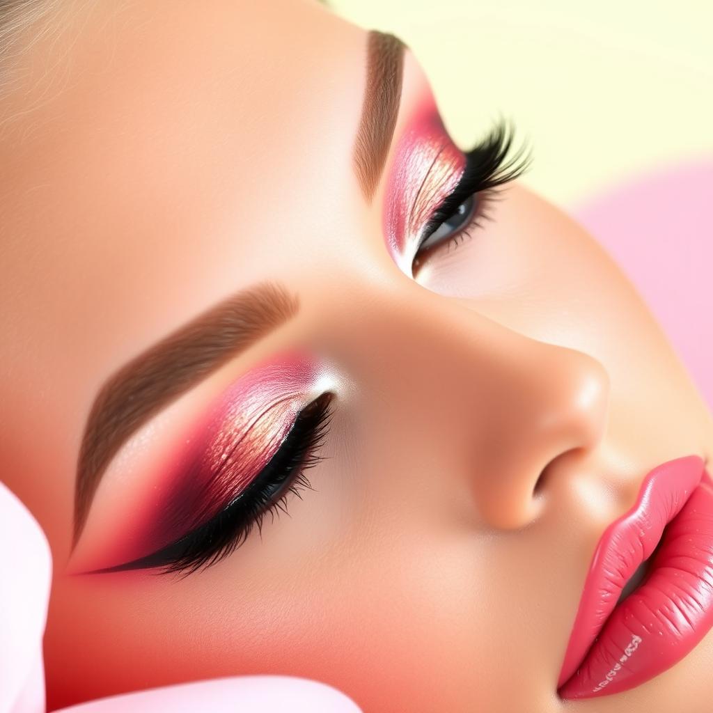 A close-up of a beautifully styled makeup application on a model's face, showcasing vibrant eyeshadow, perfectly shaped eyebrows, luminous skin, and glossy lips