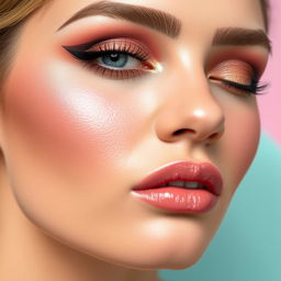 A close-up of a beautifully styled makeup application on a model's face, showcasing vibrant eyeshadow, perfectly shaped eyebrows, luminous skin, and glossy lips