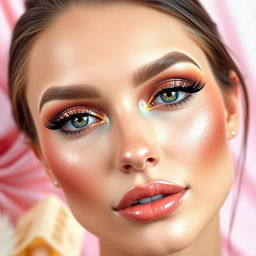 A close-up of a beautifully styled makeup application on a model's face, showcasing vibrant eyeshadow, perfectly shaped eyebrows, luminous skin, and glossy lips