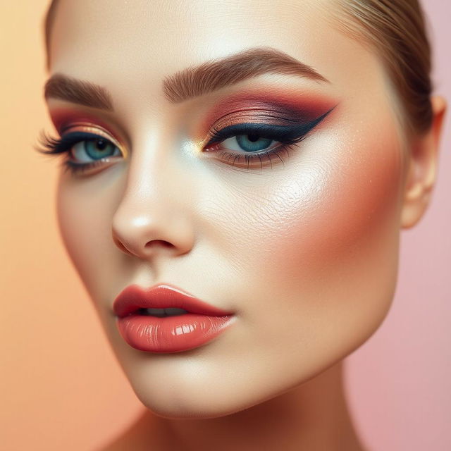 A close-up of a beautifully styled makeup application on a model's face, showcasing vibrant eyeshadow, perfectly shaped eyebrows, luminous skin, and glossy lips