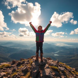 A boy standing triumphantly on top of a sprawling mountain, overlooking a breathtaking view of valleys and distant peaks