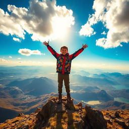 A boy standing triumphantly on top of a sprawling mountain, overlooking a breathtaking view of valleys and distant peaks