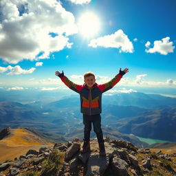 A boy standing triumphantly on top of a sprawling mountain, overlooking a breathtaking view of valleys and distant peaks